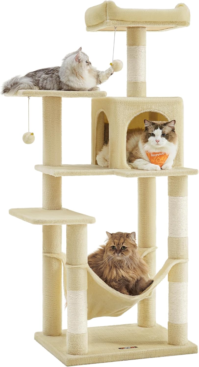 Feandrea Arbre à Chat Hauteur 143 cm, Tour de Jeux pour Chats, avec 4 Poteaux à Griffer, 2 Plateformes, 1 Niche, 1 Hamac, 2 Pompons, en Tissu Peluche, Multi-Niveaux, Beige PCT161M01