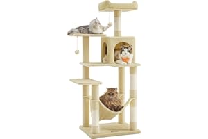 Feandrea Drapak, wielowarstwowy domek dla kota, wysokość 143 cm, z 4 drapakami, 2 platformami, hamak, beż jaskiniowy PCT161M01