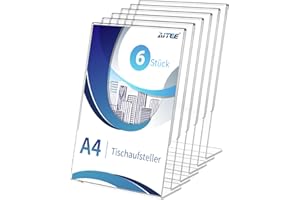 AITEE A4 Acryl Tischaufsteller Schräg: 6 Stück Transparent Aufsteller Plexiglas Werbeaufsteller L-ständer für Büro, Restaurant, Geschäft, Hotel, Werbeaktionen, Theke