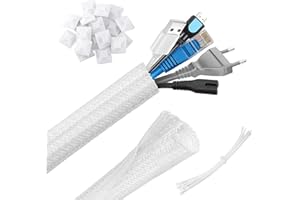CYH 10ft Cable Management Sleeve, Cable Tidy Sleeve Diameter 16-24mm with 20Pcs Cable Ties and 20Pcs Self Adhesive Mount Base, Wire Tidy Wrap Cord Hider Organizer Wire Loom - White