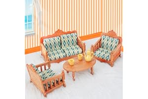 KARLOR Zestaw mebli do domku dla lalek, 7 sztuk, meble dla lalek, sofa, fotel, stół, dzbanek do herbaty, filiżanki do herbaty, akcesoria do domku dla lalek, dekoracja 1:12, domek dla lalek, salon