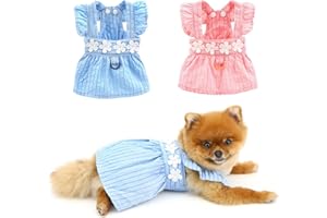 PAIDEFUL Kleid für kleine Hunde, elegantes Sommerkleid, gestreift, mit Blumenstickerei, Sommerriemen, Prinzessinnenkleider, coole Haustierkleidung, niedliches Katzen-, Chihuahua-Kostüm, Knopf, D-Ring,