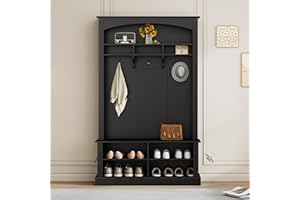 ModernLuxe Garderoben-Set mit Sitzbank,Wandgarderobe mit Schuhablage, Flurgarderobe mit 3 Kleiderhaken, Regale und verstellbare Einlegeböden, modernes Möbelstück für Flur, H190/L120/W40 cm Schwarz
