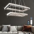 Modern Crystal Chandeliers with Remote, 20.5'' Dimmable 2 Rings Rectangular LED Crystal Chandelier Adjustable Height, Island Light Pendant Light for Kitchen Dining Room Living Room (Multicolored)