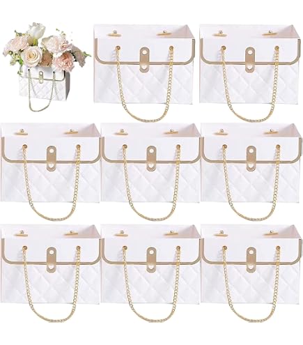 PATIKIL 6 Buste Regalo Per Fiori A Forma Di Borsa, In Carta, Con Manico A Catena, 15x10x10,5 Cm, Per Bouquet Matrimonio, Compleanno, Rosa/Bianco/Nero