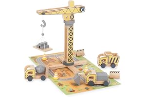 Mamabrum Grúa Construcción de Madera - Set de Juguetes Similar a Playmobil y Superthings con Excavadora Giratoria 360° - Piezas Construcción Niños con Vehículos y Plataforma - 60x35x42cm