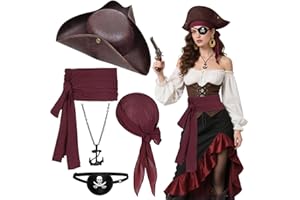 Bryndo 5PCS Pirate Costume Accessories for Adults – Hat Headscarf Sash Belt Eye Patch Anchor Necklace Fancy Dress for Halloween Pirate Role Play Party