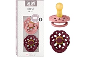 BIBS Boheme Schnuller 2er-Pack. BPA-frei, Kirschform Nippel. Naturkautschuk/Latex, Hergestellt in Dänemark, Größe 1 (0-6 Monate), Dusty Pink/Elderberry