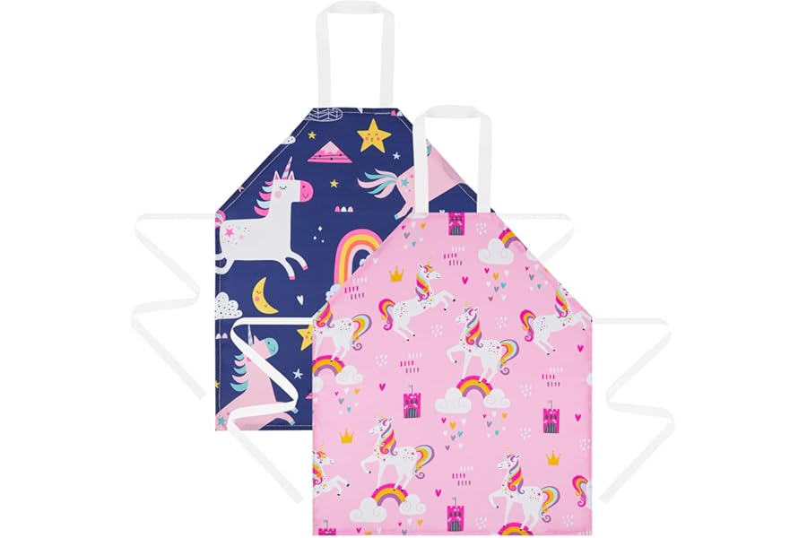 HOTUT 2 Pcs Kids Aprons, Cartoon Style Adjustable Child Chef Aprons, Unicorn Print Children's Apron for Kids Toddler Painting Baking Artist (Pink+Blue)