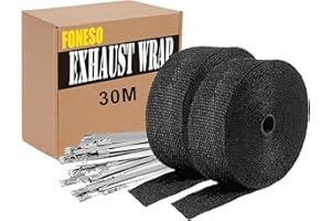 ‎FONESO 30M Hitzeschutzband Auspuff,Foneso auspuffband,Hitzeschutz Auspuff Bandage,Schwarz Hitzeschutzband mit 24 Kabelbinder Edelstahl,für Motorrad Fächerkrümmer Thermoband Krümmerband