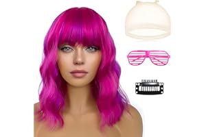 GMHLLES Pink Wigs for Women, Mermaid Wigs Costume Wig and Sunglass Set, Shoulder Length Loose Curly Hot Pink Wig with Bangs for Halloween Christmas Party
