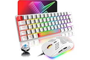 LEXONELEC UK Layout Teclado mecánico para juegos RGB 14 efectos de retroiluminación Mini 62 teclas con cable tipo C + ligero RGB 6400DPI Honeycomb Mouse + alfombrilla de ratón compatible con PS4, Xbox, PC