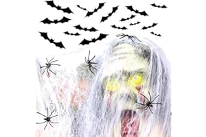BEIIEB 100g Halloween spider web decoration with 30 fake spiders, 16 3D Halloween bat wall stickers, stretchable spider web, 4 different size bat stickers for Halloween decoration