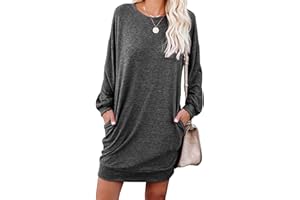 PrinStory Women Jumper Dress Long Sleeve Winter Dresses Casual Loose Mini Dresses Knitted Pullover Sweater Tunic Tops Basic Dress with Side Pockets