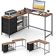 COSTWAY L-Shaped Computer Desk, Convertible Study Writing Workstation with Drawer, Shelves & Charging Station, Large Long Corner Home Office Desk Wooden PC Laptop Gaming Table (Rustic Brown + Black)