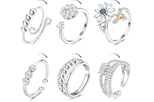 JeweBella 6 Pezzi Anello Antistress Donna Argento Anello di Ansia Spinner Anelli Regolabili Aperto Anello Perline Fiore Anello Meditazione Impilabili Anello Antistress Girevole per Donna Ragazze