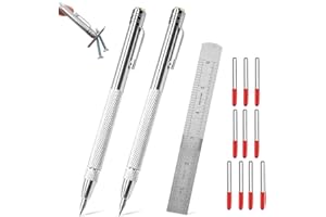 UESDU Anreissnadel Set, 2 Stück Wolframcarbid Stift mit 10 Stück Reißnadel Metall Ersatzspitzen und Stahllineal Anreißnadel Anreißwerkzeug für Glas, Keramik und Gehärteten