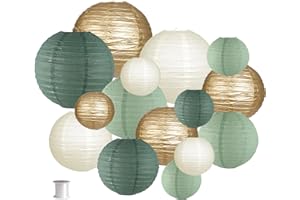 zilue, Papierlaternen Dekoration, runde hängende Papierlaternen für rustikale Partys, Bridal Shower, Hochzeit, Salbeigrün-Geburtstag, Partybedarf in Gold/Elfenbein/Salbeigrün, 15 Stück