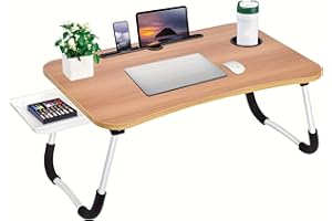 SMALLRUN Bandeja para Cama, Mesa Plegable de Desayuno Mesa Ordenador Portátil Multifunción Mesa de Ordenador portátil para Cama y sofá (con Cajon, Marron)