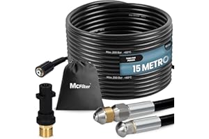 McFilter I Set di tubi universali per la pulizia dei tubi, 15 m, 200 bar, incluso sacchetto con adattatore, ugelli fissi + rotanti, compatibile con le idropulitrici Kärcher K2 K3 K4 K5 K6 K7