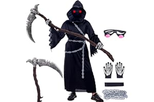TANKERMO 7er Sensenmann Kostüm Kinder mit Deluxe Sense(123 cm) & Leuchtenden Augen Set,Halloween Kostüm Kinder Gruselige Grim Reaper Tod Geisterkostüm Jungen Mädchen Costume Cosplay Outfit Party