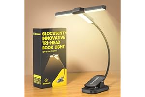 Glocusent Innowacyjne trójgłowicowe światło do czytania książek w łóżku, 3-kolorowe poziomy jasności, 1000mAh ładowane światło książki z 30-min zegarem, 10-100Hrs, przyjazne dla partnerów (czarny)