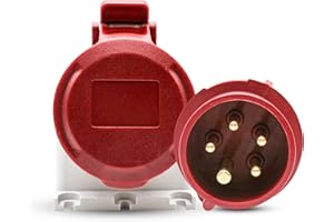 DOJA BARCELONA DOJA Industrial | PACK BASE PARED HEMBRA Y ENCHUFE TRIFASICO INDUSTRIAL 380 MACHO | 32A - 3P+N+ T (5 Polos) | Base Mural Cetac Hembra + Toma Corriente de 5 Pines | Enchufe Caravana, Conector Camping