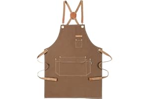 Genixart Chef Apron for Men Women with Pockets, Cotton Canvas Apron for Kitchen Cooking Baking Artist Painting, Cross Back Work Aprons for Shop, Garden, Restaurant, Cafe, Barista, M to XXL