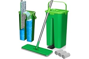 Myiosus Balai Microfibre et Seau Essoreur, Serpillière Plat Rotative à 360° et Seau Auto-Essorage, Serpillère Seau Essoreur pour Nettoyage de Sol Humide & Sec avec 3 Serpillères