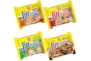 KOREAN MARKET Ottogi Jin Ramen - Pack de 4 Variedades de Ramen Coreano - Sabores: Jin Ramen Picante, Jin Ramen Suave, Jin Ramen Veggie y Jin Jjambbong