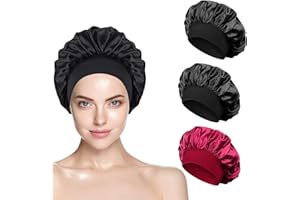 MHDUYEG 3 Piezas Gorro Saten Pelo Rizado, Gorro De Seda para Dormir, Gorro Saten para Dormir Reutilizable, Gorro Saten para Protección Rizado, Gorro Seda Dormir para Mujeres y Niñas (Negro, Rojo)