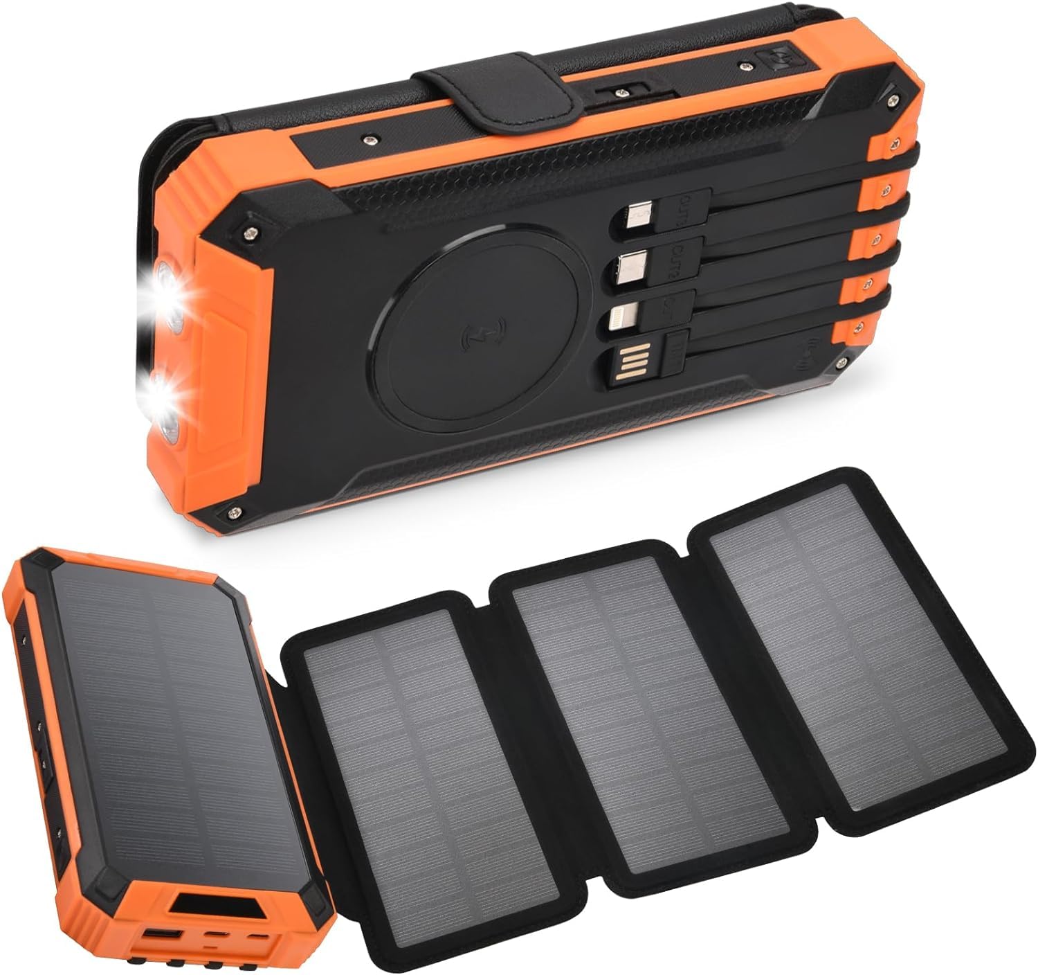 HOPz Solar Charger Power Bank with 15000mAh Powered| Foldable Solar Panels, 18W Fast Charging Technology| Included Camping Light and Flashlight, USB Charger 3 Outputs/Dual Inputs (Orange)