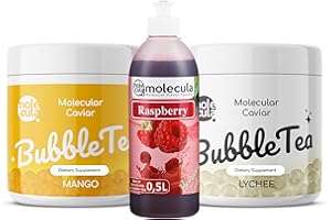 MOLECULA MOLECULA MOLEKULARNA FABRYKA SAMKU Kulki Bubble Tea Popping Boba | Bubble Tea Kit - 2x kulki owocowe liczi i mango 1x syrop malinowy 15x kubki 15x słomki Popping Boba