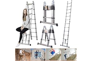 7SEVENJOKERS Stainless Steel Portable Folding Extendable Telescopic Ladder with Stabilizer Bar - Multi-purpose, EN131 Standard, Max Load 330LBS (1.9+1.9 M) for Home, Office, Loft Use