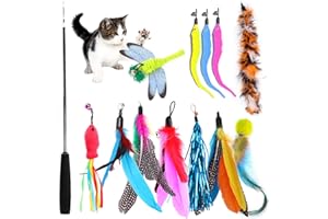 TOPSEAS Giochi con Piume per Gatto,13 Pezzi Giocattoli Interattivi per Gatti, Giocattoli per Gatti con 1 Bacchetta Interattiva Retrattabile e 12 Ricariche Piume,per Il Vostro Gatto e Il Gattino
