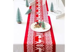 Caminos de Mesa Comedor, AISOO Camino de Mesa de Navidad Corredor de La Tabla Rojo Mantel de Lino con Estampado de Alce Blanco Regalos para Vecinos,Amigos,Familiares Decoración de Mesa Navideña,Fiesta