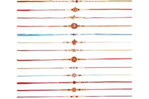 Dugan Set of 12 Rakhi Set with Rakhi Greeting Card Roli Chawal Packet - Raksha bandhan Rudraksha Rakhi Bracelet for Brother Om Ganesha Rakhi for Bhaiya - GMRK015