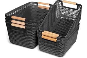 OSTWOLKE 6 Stück Aufbewahrungsbox Kunststoff Schwarz, Aufbewahrungsboxen ohne Deckel, Atmungsaktiv Aufbewahrungskorb mit Griffen aus Massivholz, Boxen Aufbewahrung Plastikbox für Badezimmer Küche