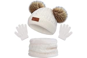 BEIFON Cappello a Maglia Bambini Invernale Sciarpa Guanti Berretto in Maglia con Pompom Ragazzi Berretto Sciarpa Beanie Cappello Scaldacollo per Ragazzo e Ragazza（3-8 Anni）