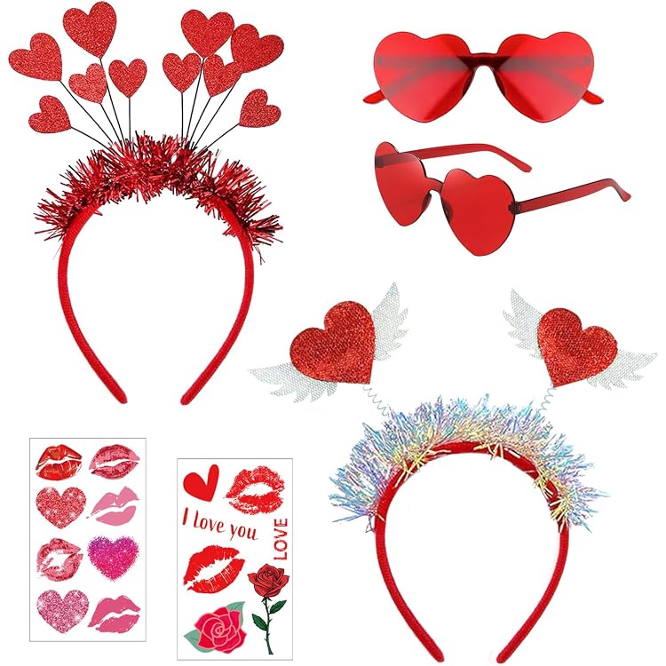 Valentinstag Stirnband Mit Herz-Sonnenbrille - Rot, Pailletten, Für Damen & Mädchen