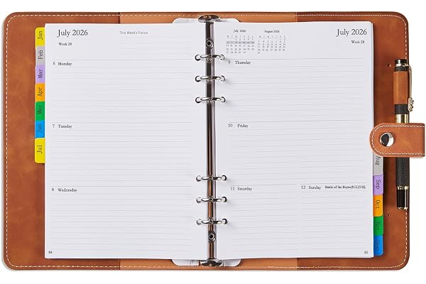 Agenda 2026 Semainier A5 Rechargeable - 1 Semaine sur 2 Pages Organiseur avec Onglets Mensuel, Pages pour Mots de Passe, Note, Contact, Porte-stylo, Couverture Souple en PU Cuir, Planner Jan à Déc.26
