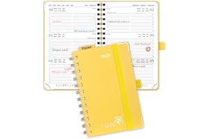POPRUN Agenda Settimanale 2025 Piccola Spirale 16 x 10,5 cm, Copertina Rigida, Planner 2025 Tascabile con Angolo di Protezione in Oro, Carta Spessa da 100 GSM, Giallo Chiaro