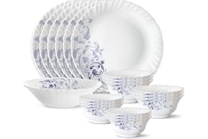 Larah by Borosil Blue Eve Silk Series Opalware Dinner Set | 19 Pieces for Family of 6 | Microwave & Dishwasher Safe | Bone-As