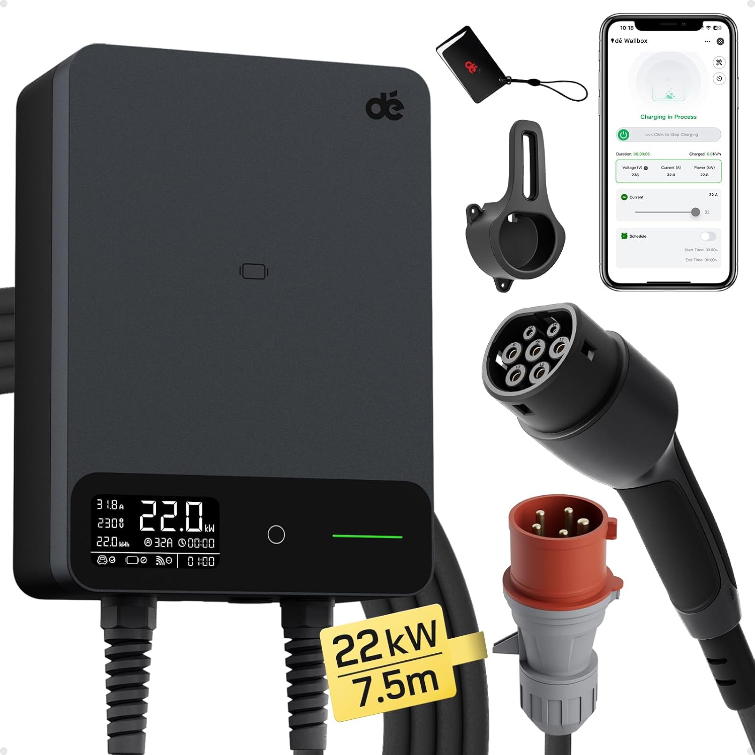 dé Estación de Carga Coche Electrico 22kW App [6-32A, Trifásico] Wallbox 22kW con Cable Tipo 2 7,5 m, RFID, Estación de Carga con RCD Tipo-B y Protección ip54 para Model Y/3 y Otros BEV/PHEV