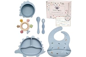 Lucky Koala® Coffret Repas Bébés en Silicone I Assiette et Bol avec Ventouse, Bavoir, Cuillères d'apprentissage, Anneau Dentition I Qualité Alimentaire I Sans BPA I Coffret Cadeau