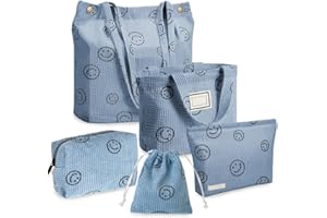 Select Zone 5 Stück Cordstoff Bag Set Tasche Reise Kulturtasche Smile Face Kosmetiktasche Multifunktionaler Handtasche Make Up Bag für Damen (Blau)
