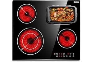 Karinear Ceramic Hob, 60cm Built-in 4 Zones Electric Cooktop with Dual Oval Zone 6600W, Hard Wired, No Plug Included