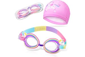 Fiada 2 Pcs Bonnet de Bain pour Enfants Lunettes de Natation Réglables pour Tout-Petits Chapeau de Natation Extensible Lunettes de Bain Anti-UV Anti-Buée pour Adolescents, 3-15 Ans