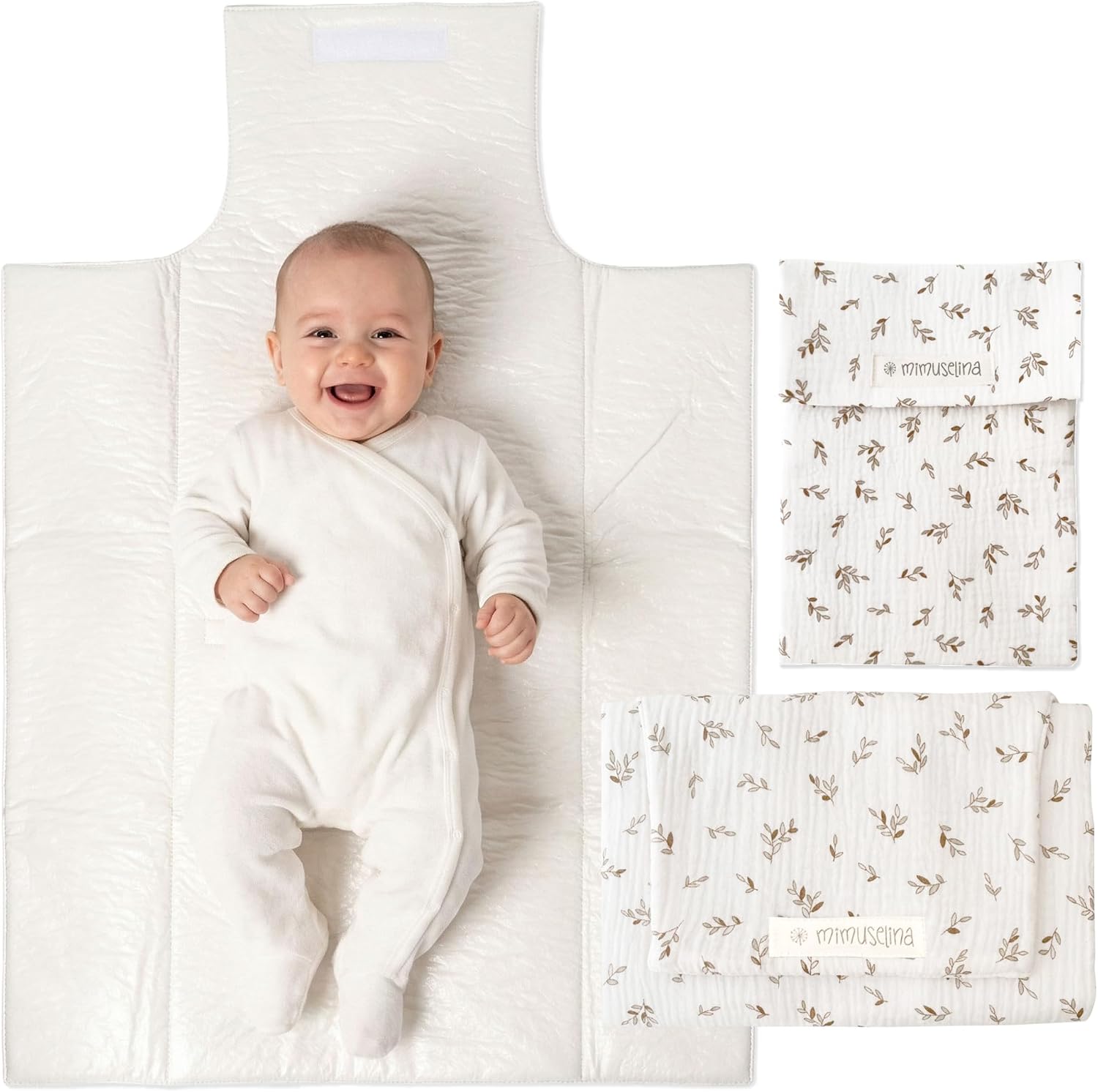 MIMUSELINA Pack de Cambiador Bebe Portatil Impermeable y Bolsa Pañales | Cambiador Bebe Plegable y Ligero para Paseo | Exterior 100% Algodón | Ideal como Regalo Recien Nacido | Hecho en España