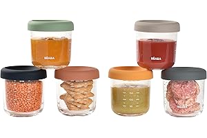 BÉABA - Set di 6 Vasetti in Vetro di Conservazione delle Pappe, per Neonato e Bambini, Scala Graduata per la Misurazione, Termoresistente, 250 ml, Sunrise